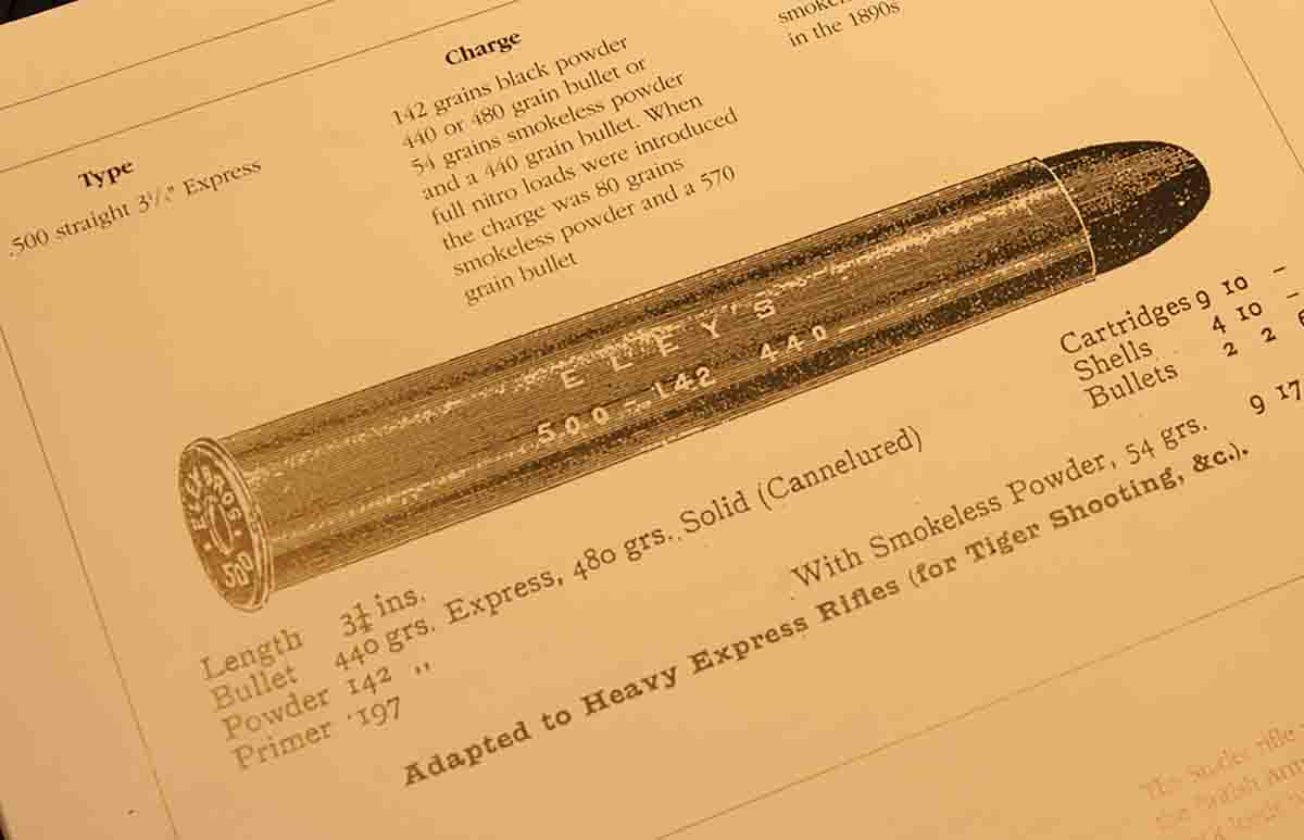 The specifications for the .500 Express 3 1⁄4 Inch as loaded by Eley Brothers in England.